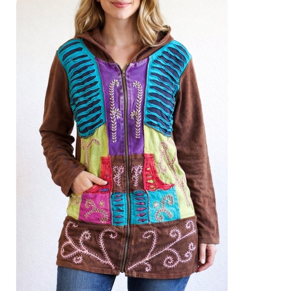 Rising International Cardigan Jacket Long Zip Artsy Hood Knit Vintage Festival